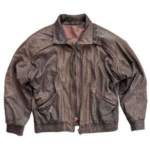 Vintage Animal Print Leather Bomber Jacket Dbl Zip Relaxed For Shoulder Padded